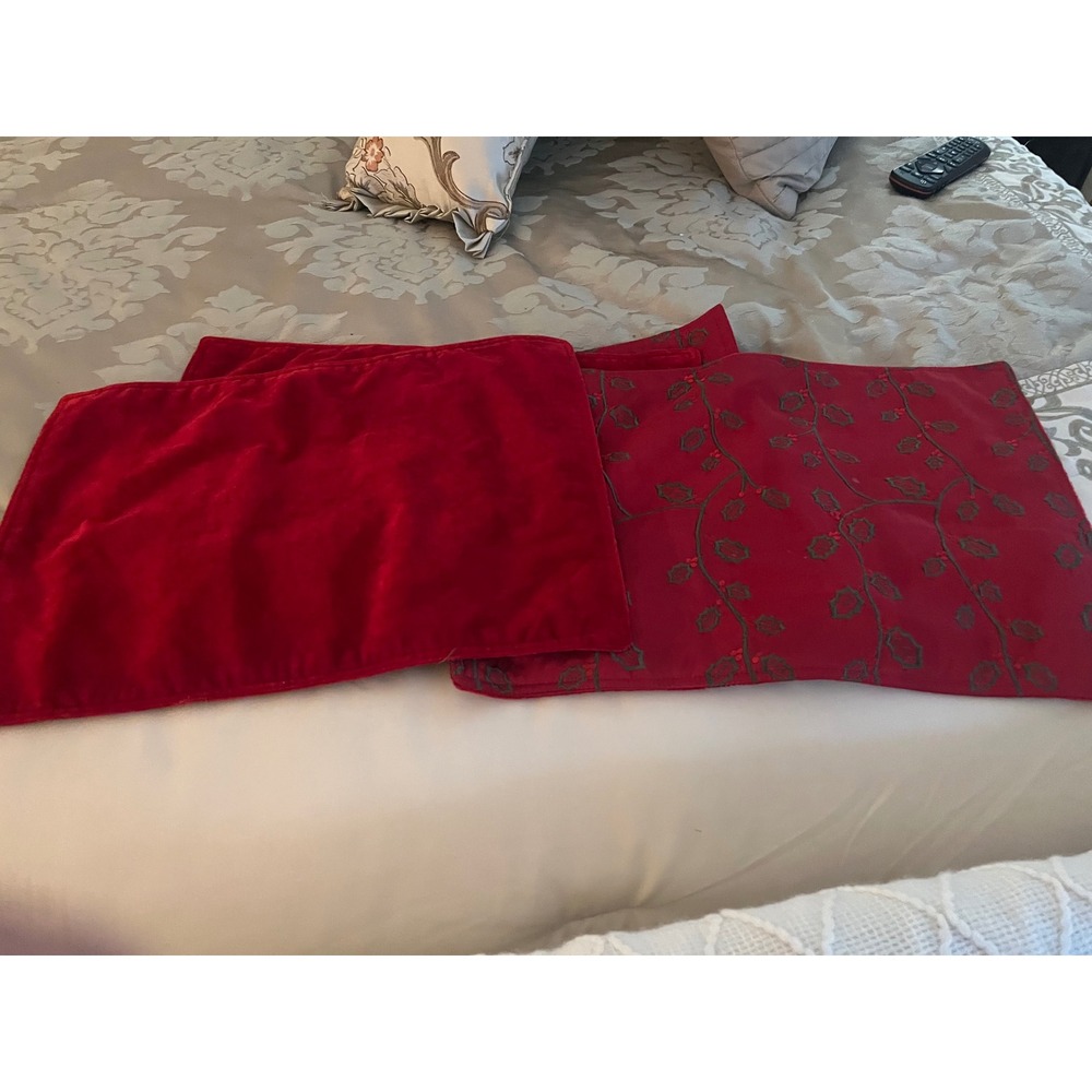Red Velvet and Embroidered Holly Christmas Placemats Set of 4 Holiday Reversible
